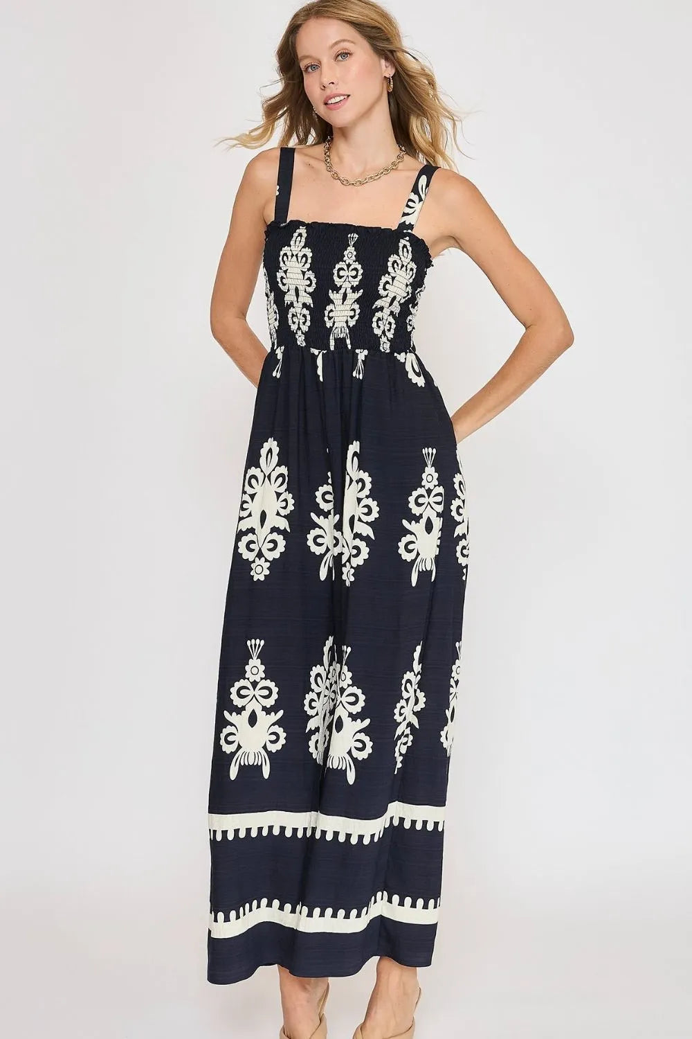 Umgee Full Size Smocked Printed Wide Leg Jumpsuit Plus Size - Premium Dresses from Trendsi - Just $55.99! Shop now at Handbags Specialist Headquarter
