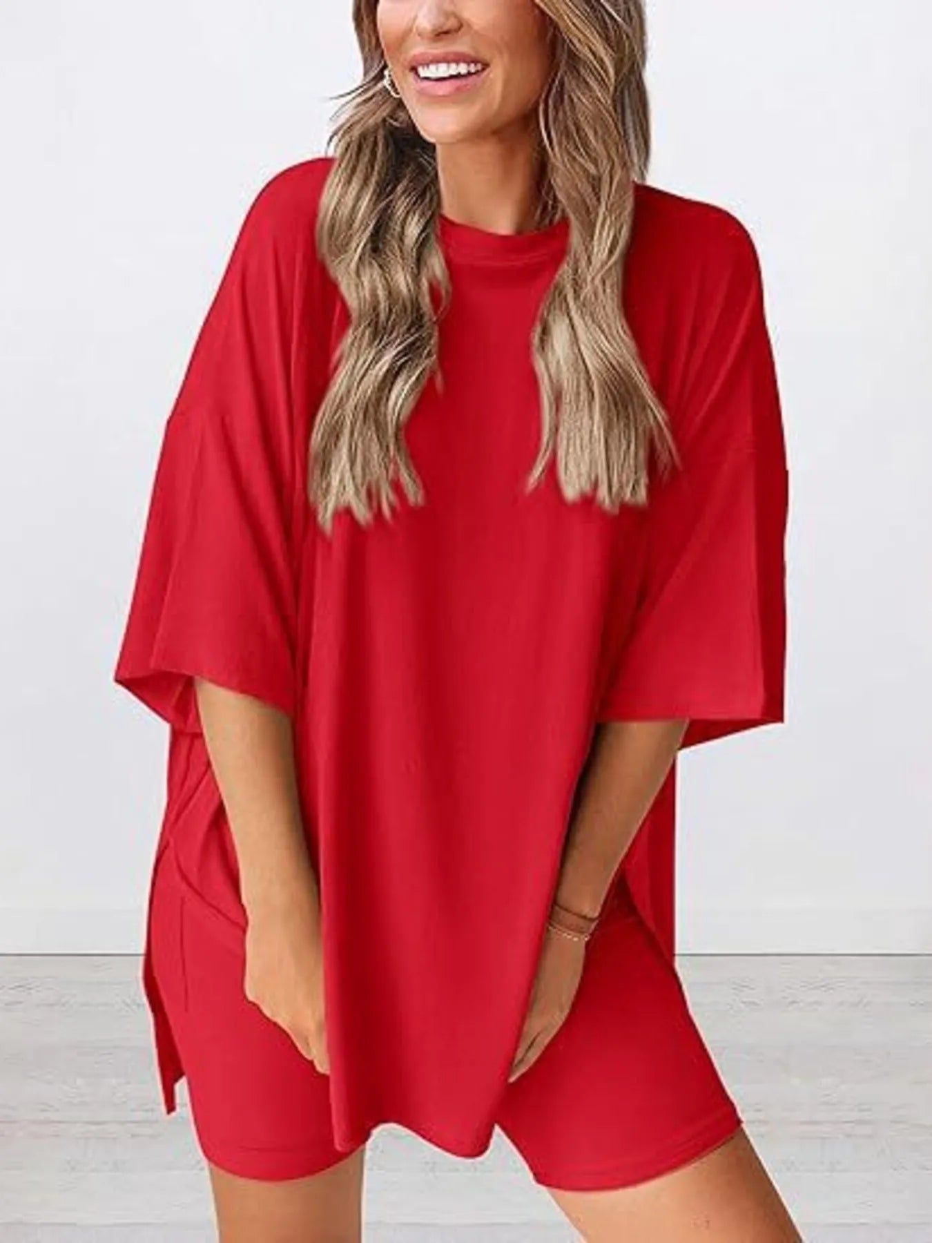 Full Size Oversized Slit Round Neck Top and Shorts Lounge Set Plus Size - Premium Sleepwear from Trendsi - Just $28.99! Shop now at Handbags Specialist Headquarter