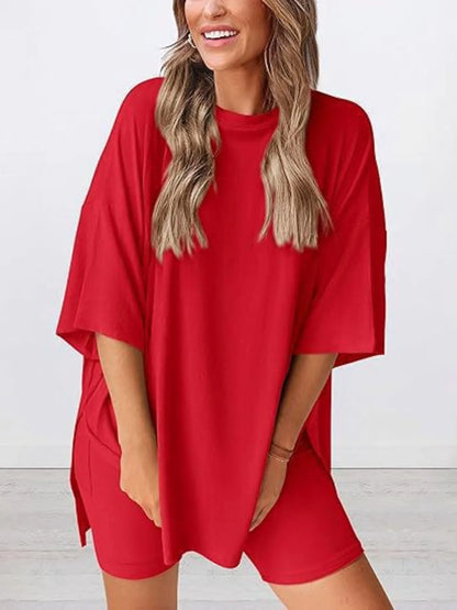 Full Size Oversized Slit Round Neck Top and Shorts Lounge Set Plus Size - Premium Sleepwear from Trendsi - Just $28.99! Shop now at Handbags Specialist Headquarter