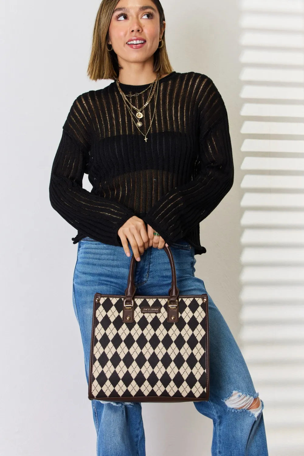 David Jones Argyle Pattern PU Leather Handbag - Premium Handbags from Trendsi - Just $51.99! Shop now at Handbags Specialist Headquarter