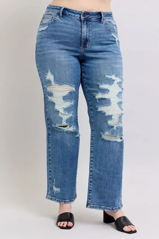 Judy Blue Full Size High Waist Heavy Destroy Straight Jeans Plus Size - Premium Women / Jeans & Denim from Trendsi - Just $62.99! Shop now at Handbags Specialist Headquarter