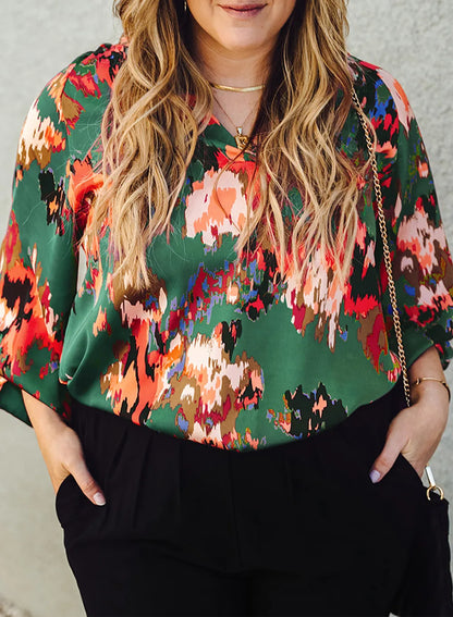 Plus Size Printed Johnny Collar Long Sleeve Blouse - Premium Plus Size Shirts from Trendsi - Just $29! Shop now at Handbags Specialist Headquarter