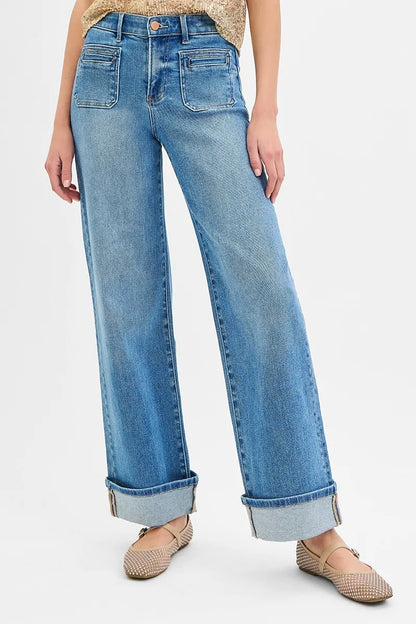 RISEN Full Size Elastic Band Mid Rise Wide Front Patch Pocket Cuff Jeans Plus Size - Premium Women / Jeans & Denim from Trendsi - Just $67.99! Shop now at Handbags Specialist Headquarter