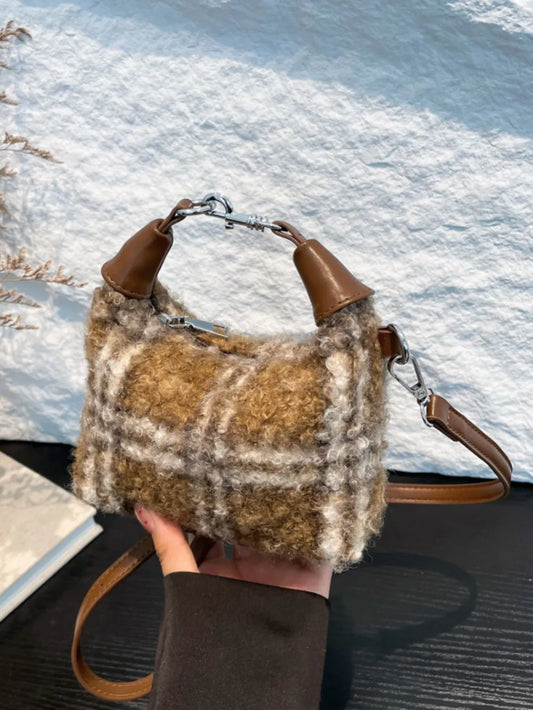 Fuzzy Polyester Mini Handbag with Zipper - Premium Tote Bag from Trendsi - Just $39.99! Shop now at Handbags Specialist Headquarter