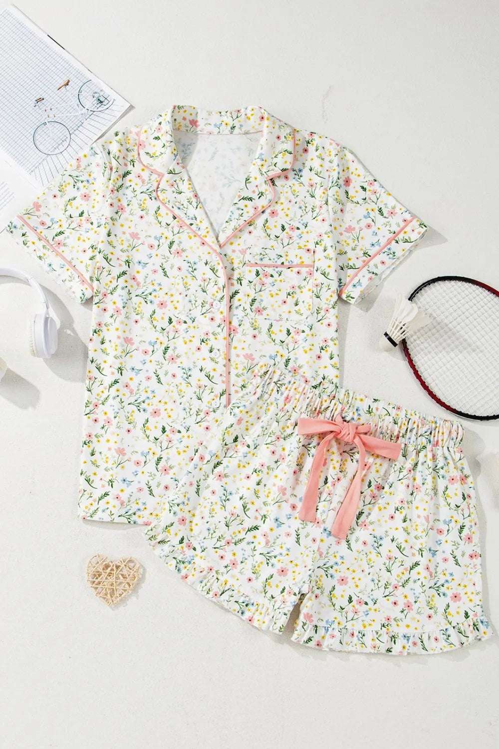 Printed Button Up Short Sleeve Top and Shorts Lounge Set - Premium Sleepwear from Trendsi - Just $48.99! Shop now at Handbags Specialist Headquarter