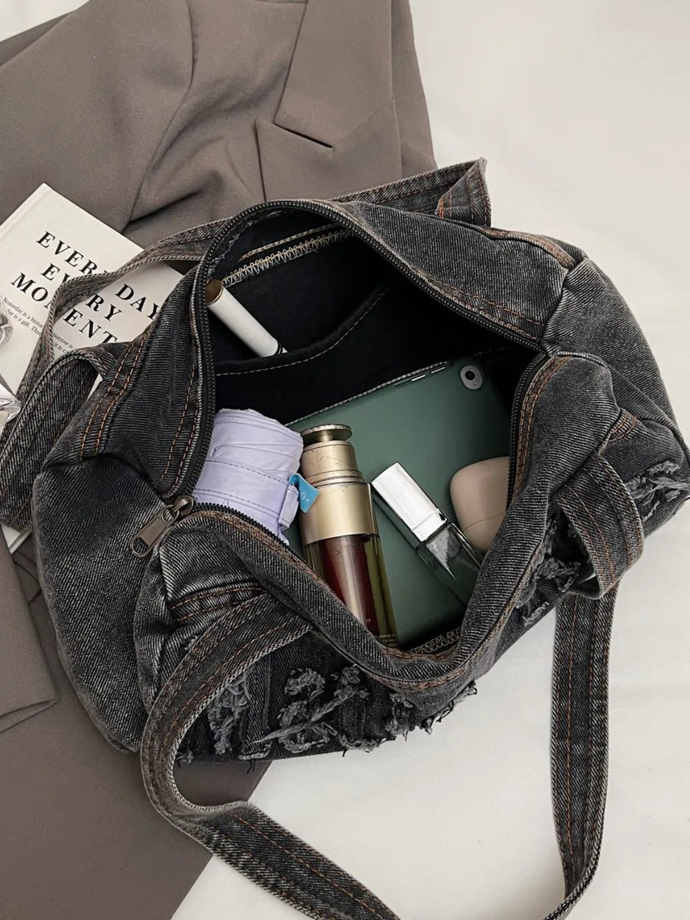 Letter Raw Edge Denim Handbag - Premium Tote Bag from Trendsi - Just $33.99! Shop now at Handbags Specialist Headquarter