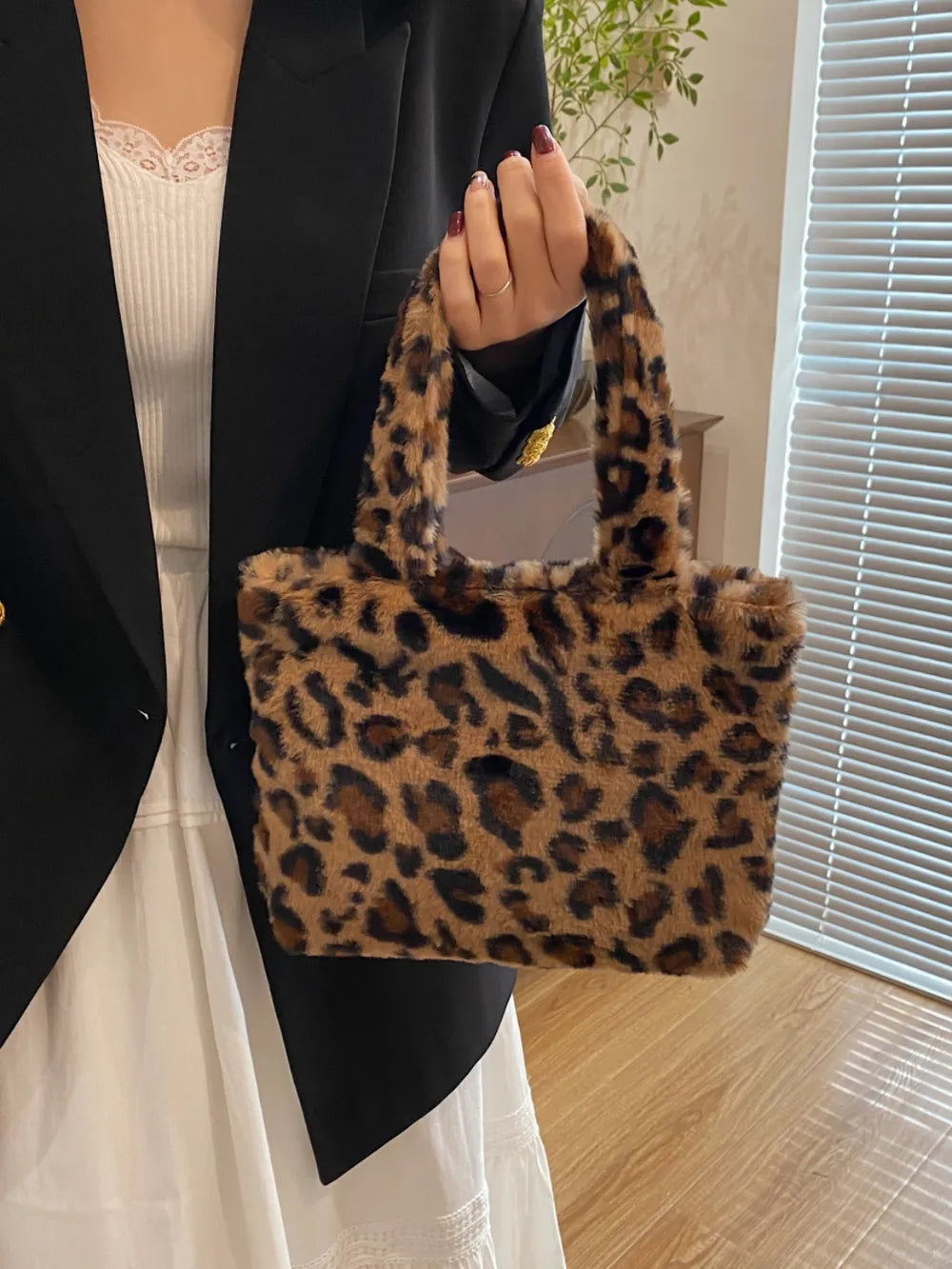 Leopard Fluff Handbag with Zip - Premium handbags from Trendsi - Just $14.99! Shop now at Handbags Specialist Headquarter