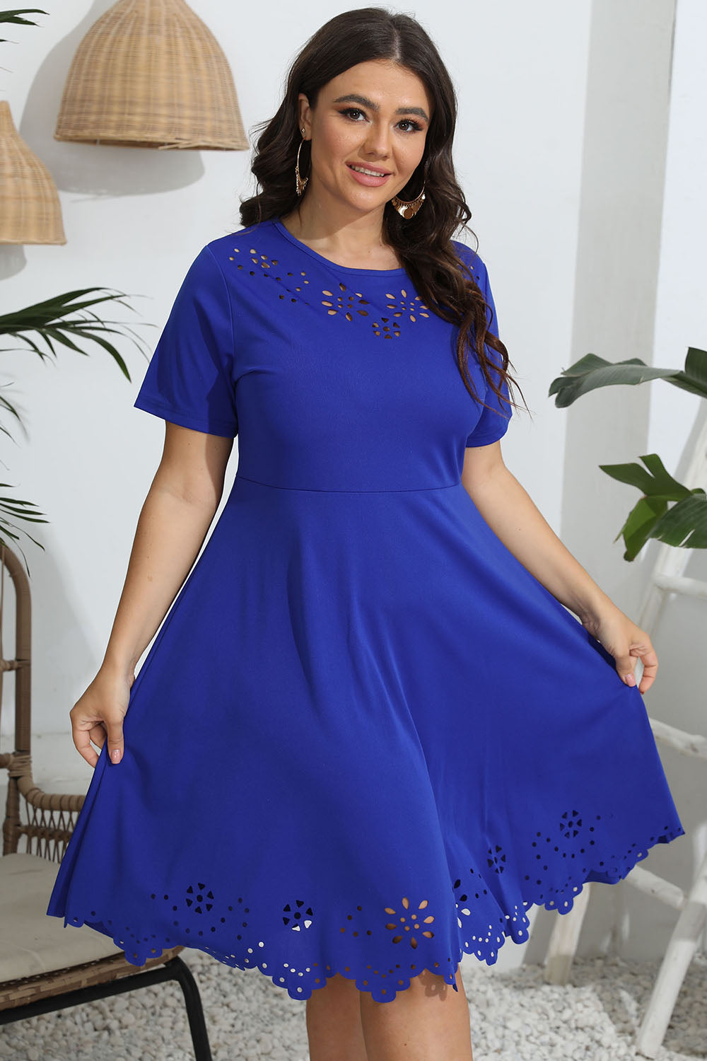 Plus Size Round Neck Openwork Dress - Premium Dresses from Trendsi - Just $30.99! Shop now at Handbags Specialist Headquarter