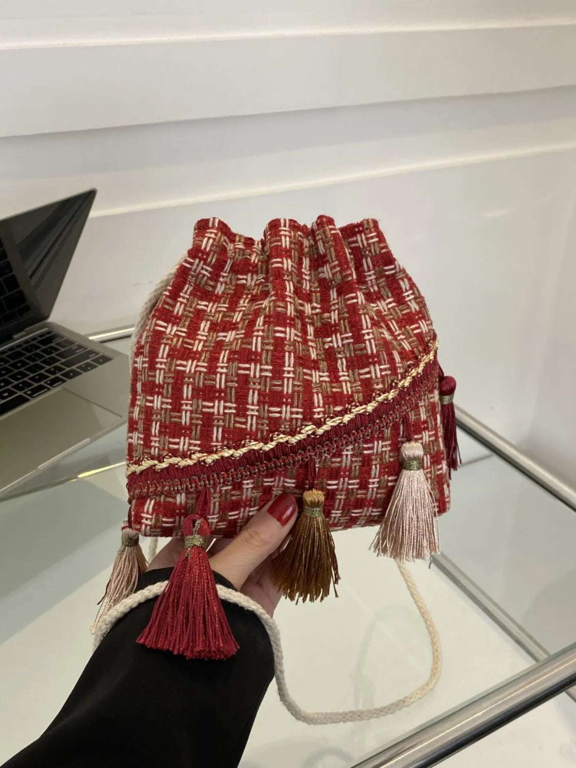 Tassel Trim Woven Bucket Crossbody Bag - Premium Crossbody Bag from Trendsi - Just $14.99! Shop now at Handbags Specialist Headquarter