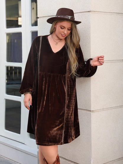 Plus Size V-Neck Balloon Sleeves Dress - Premium Dresses from Trendsi - Just $48.99! Shop now at Handbags Specialist Headquarter