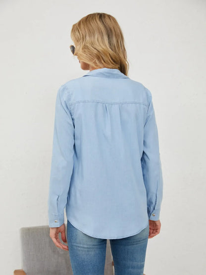 Pocketed Button Up Long Sleeve Denim Shirt - Premium Women / Jeans & Denim from Trendsi - Just $33! Shop now at Handbags Specialist Headquarter