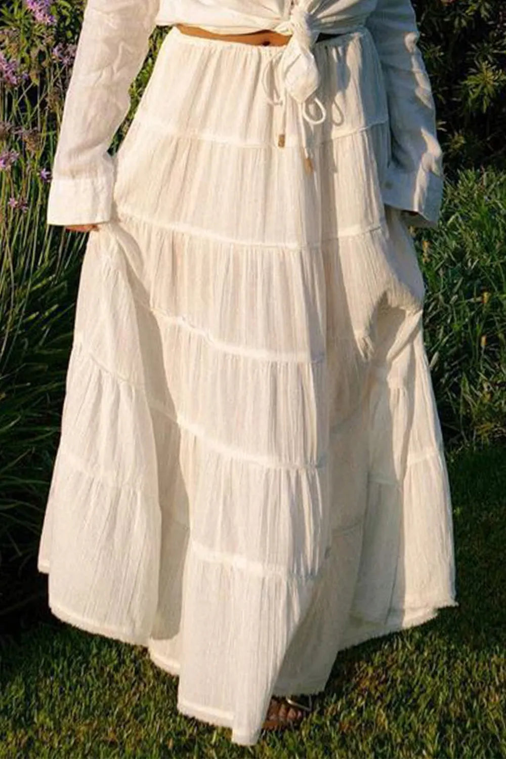 Bohemian Tiered Maxi Skirt with Drawstring Waist - Premium Skirts from Trendsi - Just $38.99! Shop now at Handbags Specialist Headquarter