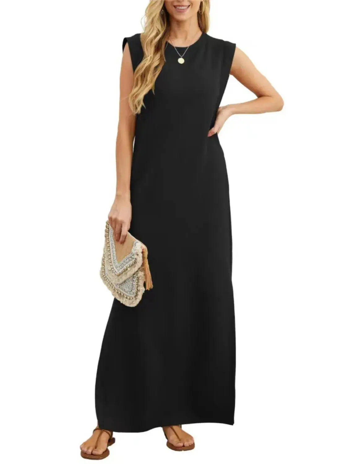 Full Size Slit Round Neck Sleeveless Maxi Tank Dress Plus Size.