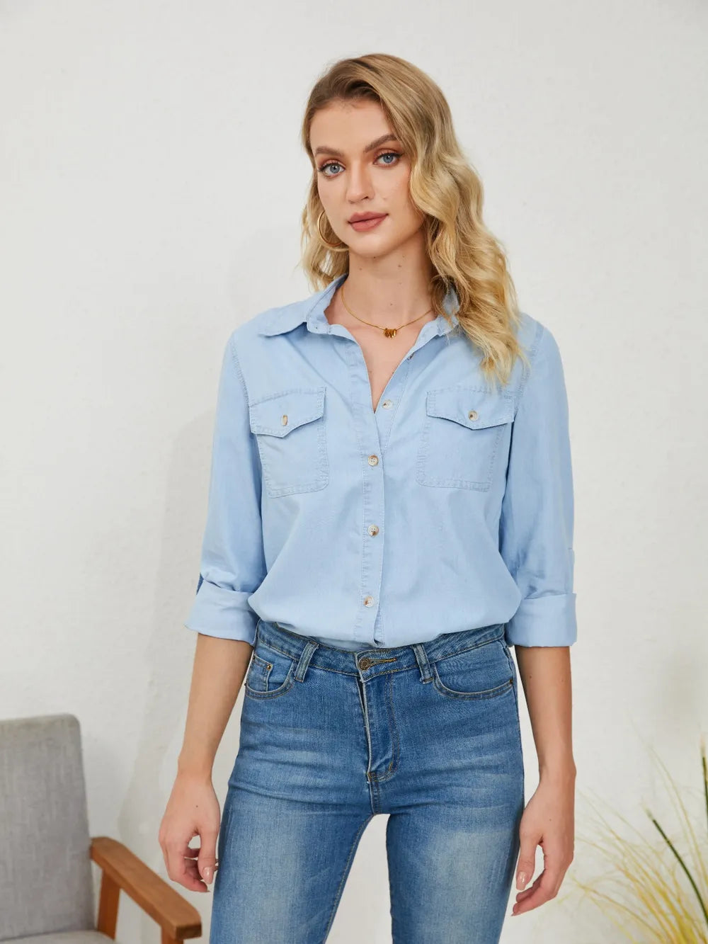 Pocketed Button Up Long Sleeve Denim Shirt - Premium Women / Jeans & Denim from Trendsi - Just $33! Shop now at Handbags Specialist Headquarter