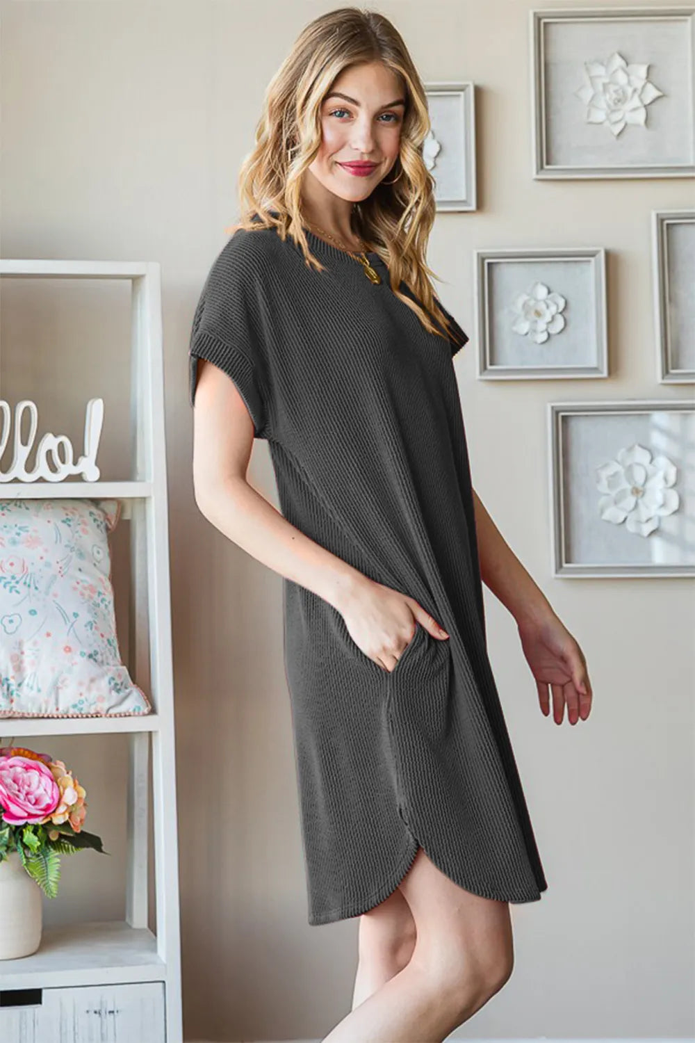 Heimish Full Size Ribbed Round Neck Short Sleeve Tee Dress - Premium Dresses from Trendsi - Just $36.99! Shop now at Handbags Specialist Headquarter