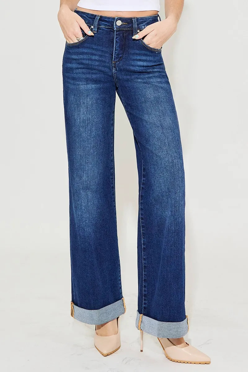 RISEN Full Size Tummy Control High Rise Wide Leg Cuffed Jeans Plus Size - Premium Women / Jeans & Denim from Trendsi - Just $70.99! Shop now at Handbags Specialist Headquarter