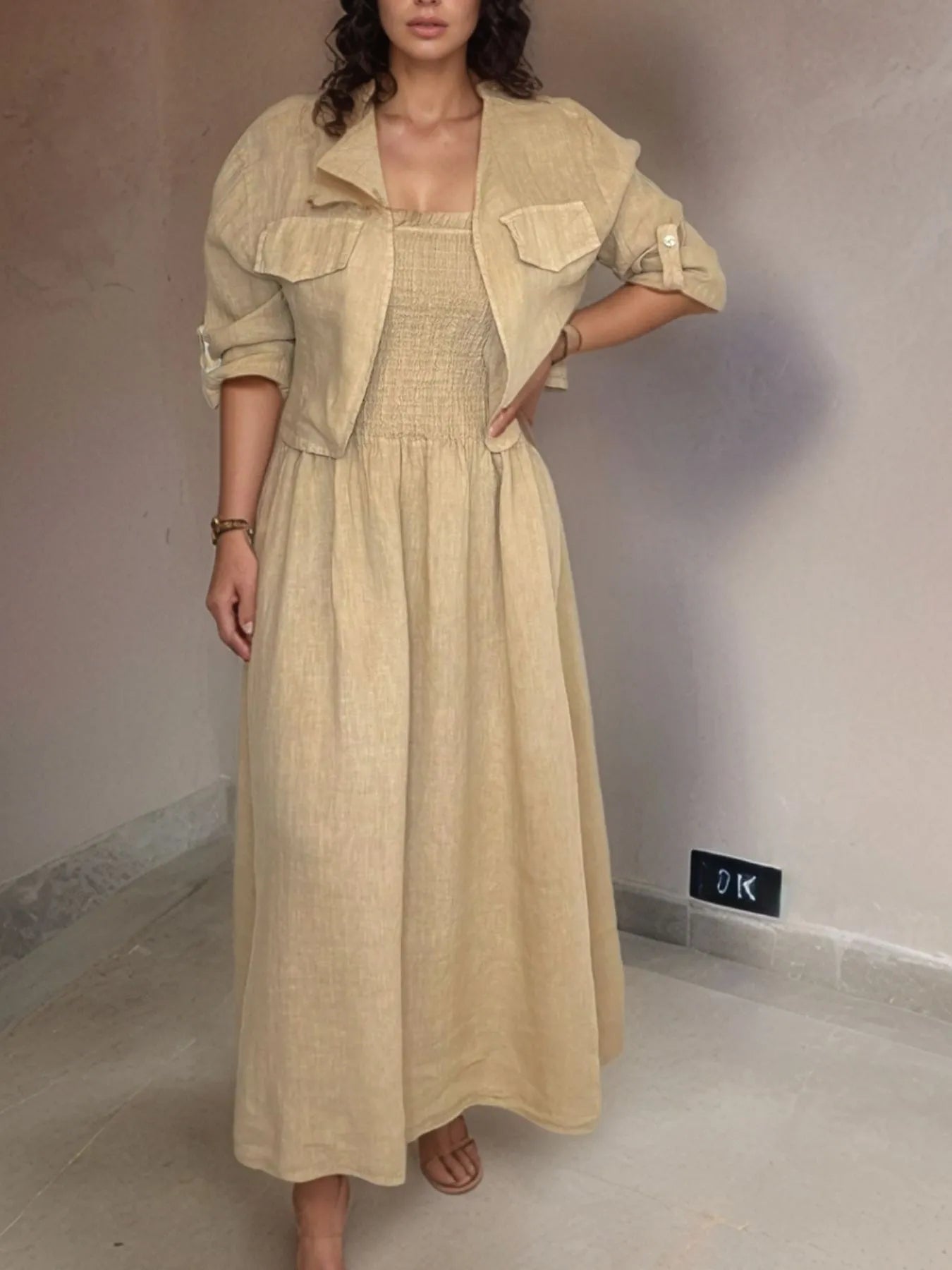 Full Size Smocked Cami Dress and Jacket Set Plus Size - Premium Dresses from Trendsi - Just $48.99! Shop now at Handbags Specialist Headquarter