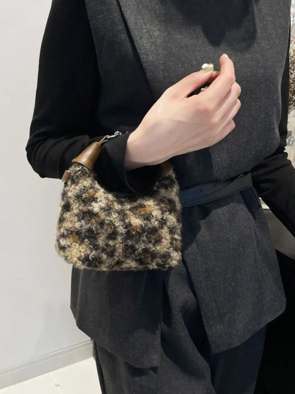 Fuzzy Polyester Mini Handbag with Zipper - Premium Tote Bag from Trendsi - Just $39.99! Shop now at Handbags Specialist Headquarter