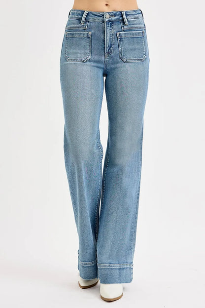 RISEN Full Size High Rise Wide Flare Patch Pocket Jeans Plus Size - Premium Women / Jeans & Denim from Trendsi - Just $66.99! Shop now at Handbags Specialist Headquarter