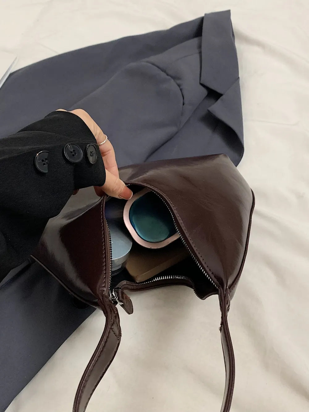 PU Leather Moon Shape Shoulder Bag - Premium Tote Bag from Trendsi - Just $39.99! Shop now at Handbags Specialist Headquarter