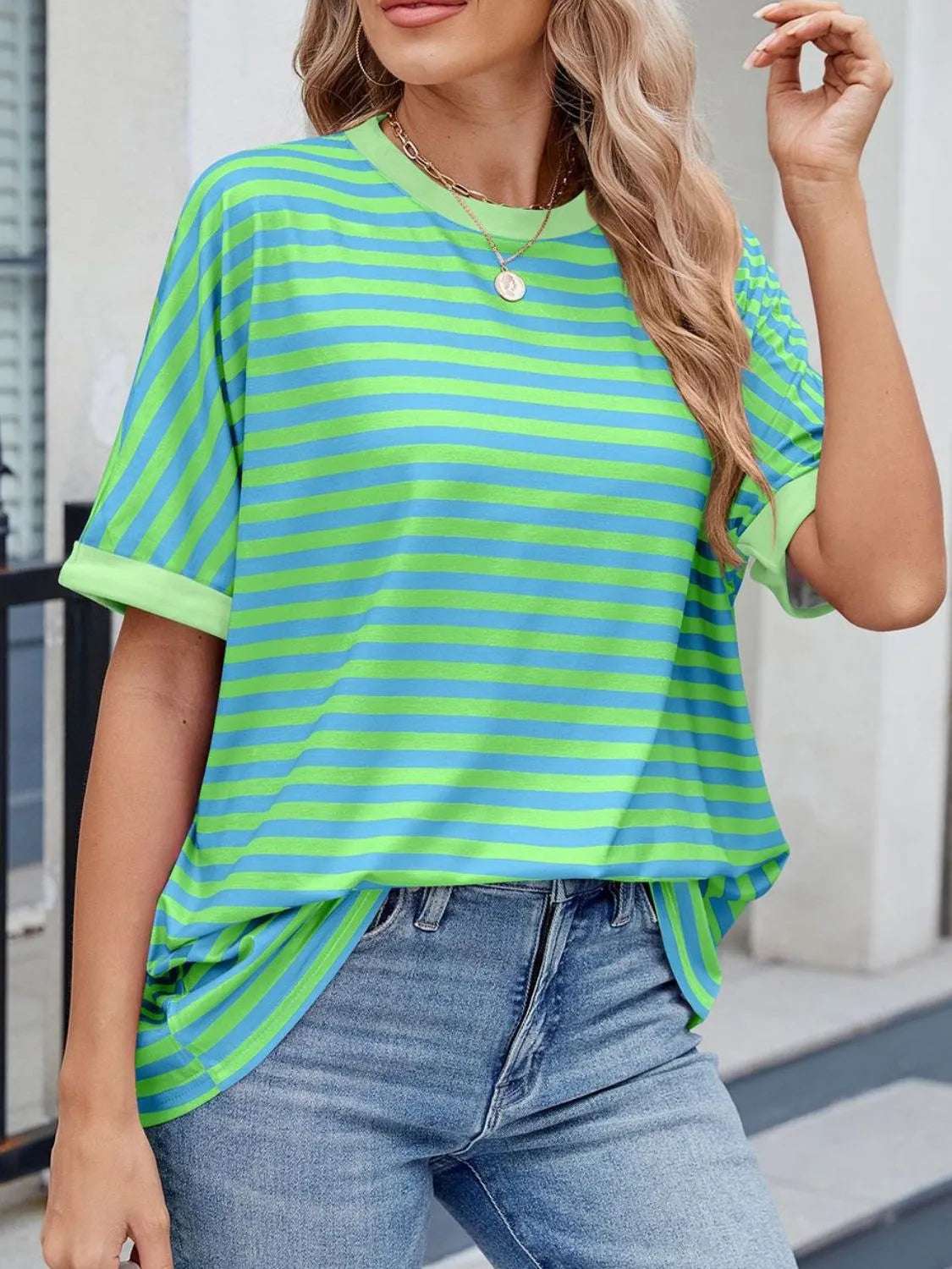 Striped Round Neck Half Sleeve T-Shirt - Premium Women / Tops from Trendsi - Just $19.34! Shop now at Handbags Specialist Headquarter