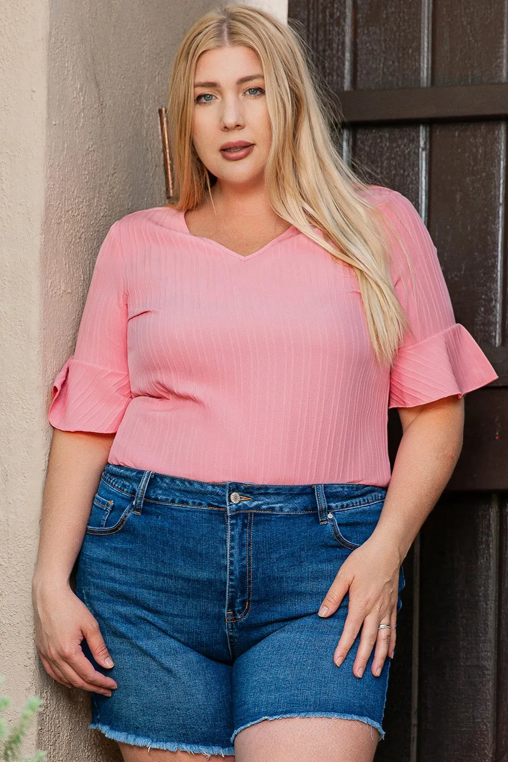 Plus Size V-Neck Half Sleeve Blouse - Premium Plus Size Shirts from Trendsi - Just $13.72! Shop now at Handbags Specialist Headquarter