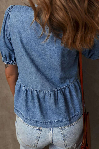 Tied Front Puff Sleeve Peplum Denim Shirt - Premium Women / Jeans & Denim from Trendsi - Just $41.86! Shop now at Handbags Specialist Headquarter