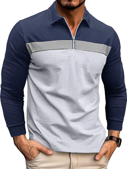 Men's Color Block Long Sleeve Polo Shirt - Premium Men's Polo shirt from Trendsi - Just $39.99! Shop now at Handbags Specialist Headquarter
