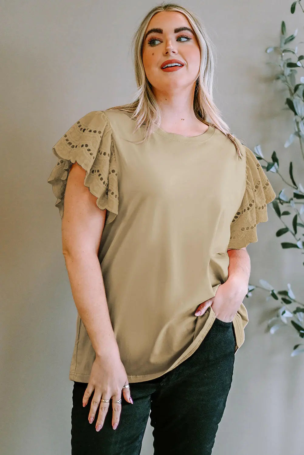 Plus Size Eyelet Round Neck Short Sleeve Blouse.