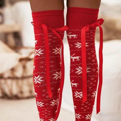 Christmas Element Bowknot Ribbed Trim Over Knee Stockings - Premium Sleepwear from Trendsi - Just $28.99! Shop now at Handbags Specialist Headquarter