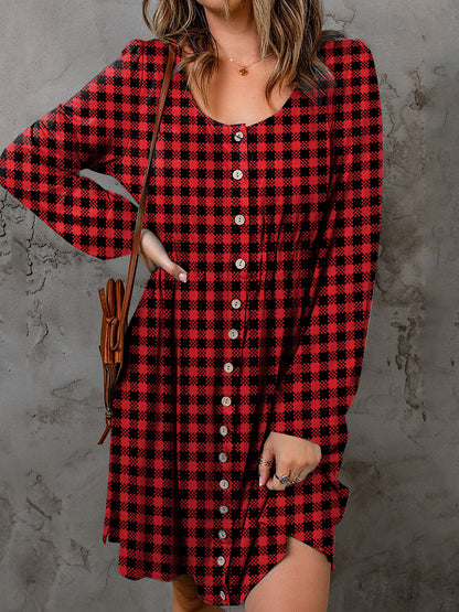 Double Take Full Size Plaid Round Neck Long Sleeve Magic Dress - Premium Dresses from Trendsi - Just $16.99! Shop now at Handbags Specialist Headquarter