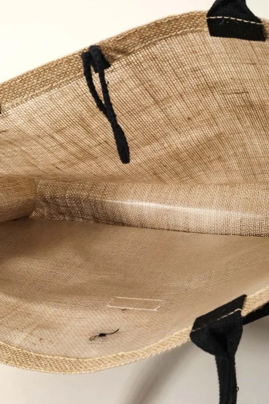 Fame Hello Weekend Burlap Tote Bag - Premium Tote Bag from Trendsi - Just $39.99! Shop now at Handbags Specialist Headquarter