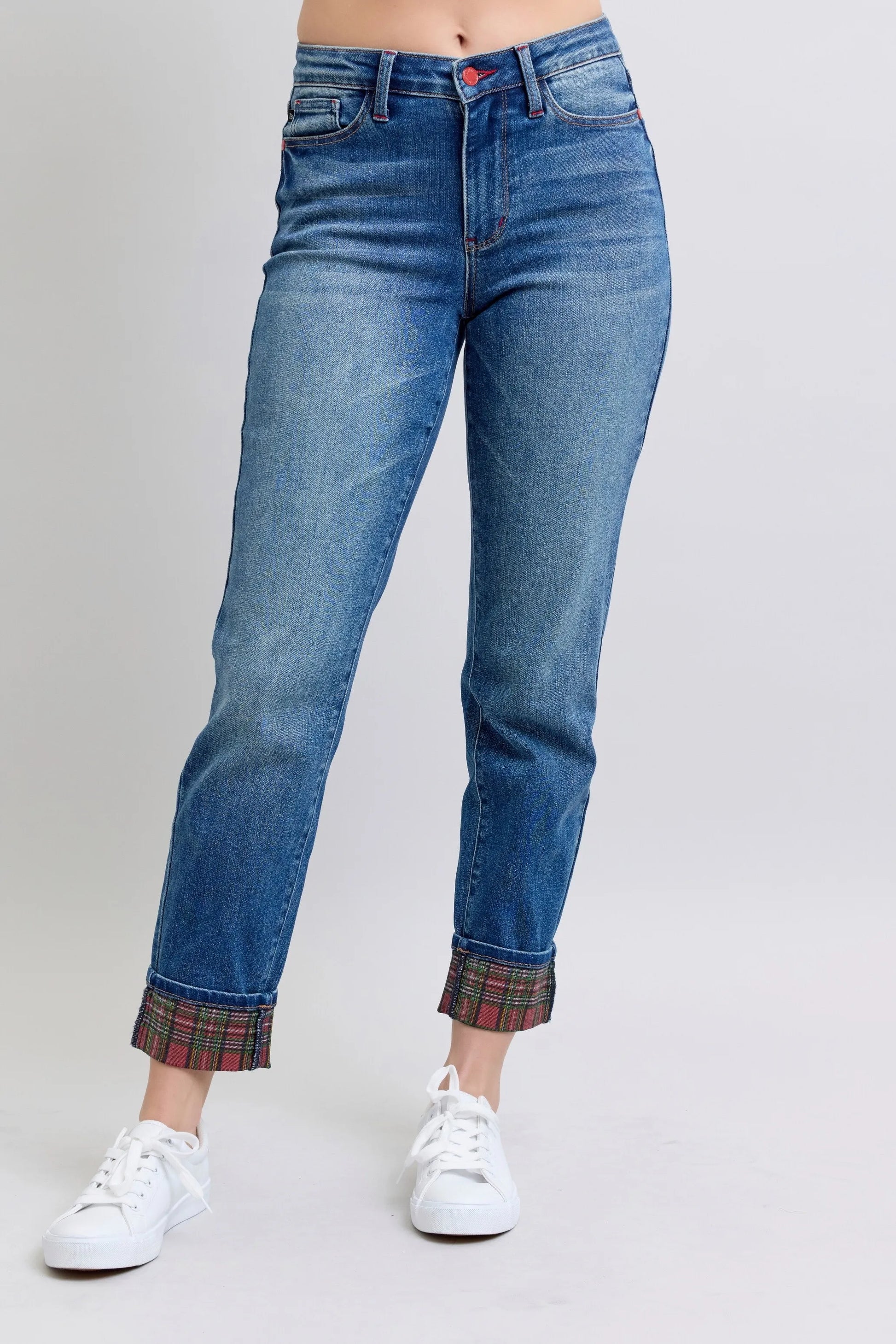 Judy Blue Full Size Mr Plaid Print Cuff Bf Jeans Plus Size - Premium Women / Jeans & Denim from Trendsi - Just $66.99! Shop now at Handbags Specialist Headquarter