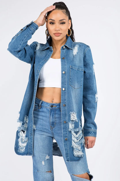 American Bazi Distressed Button Down Denim Shirt Jacket - Premium Women / Jeans & Denim from Trendsi - Just $30.74! Shop now at Handbags Specialist Headquarter