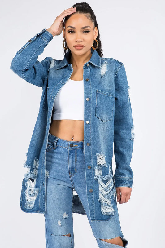 American Bazi Distressed Button Down Denim Shirt Jacket - Premium Women / Jeans & Denim from Trendsi - Just $30.74! Shop now at Handbags Specialist Headquarter