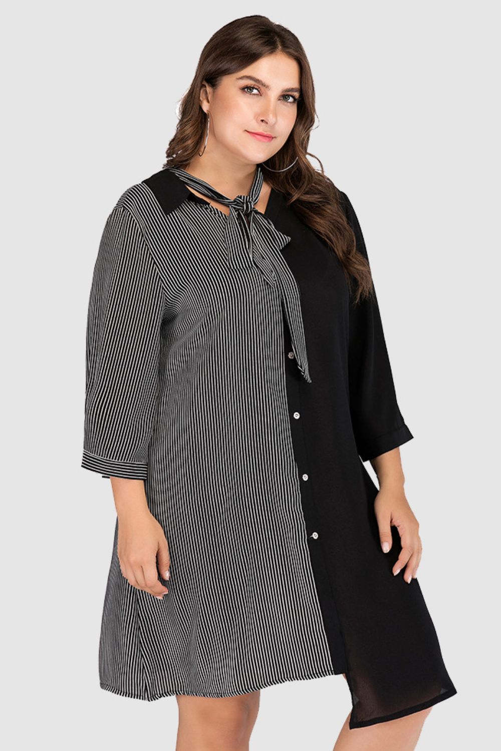 Plus Size Striped Color Block Tie-Neck Dress - Premium Dresses from Trendsi - Just $42.99! Shop now at Handbags Specialist Headquarter
