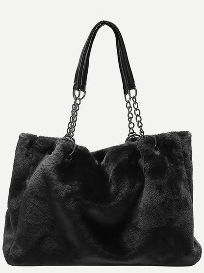 Faux Fur Solid Color Tote Bag - Premium Tote Bag from Trendsi - Just $39.99! Shop now at Handbags Specialist Headquarter