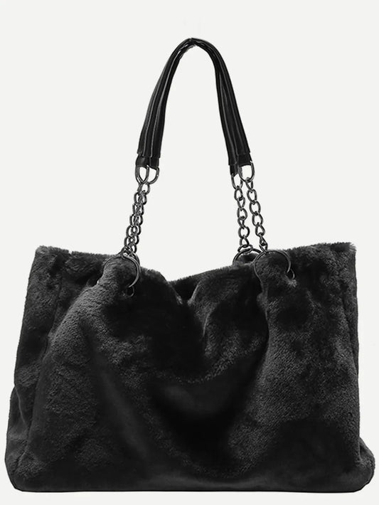Faux Fur Solid Color Tote Bag - Premium Tote Bag from Trendsi - Just $39.99! Shop now at Handbags Specialist Headquarter