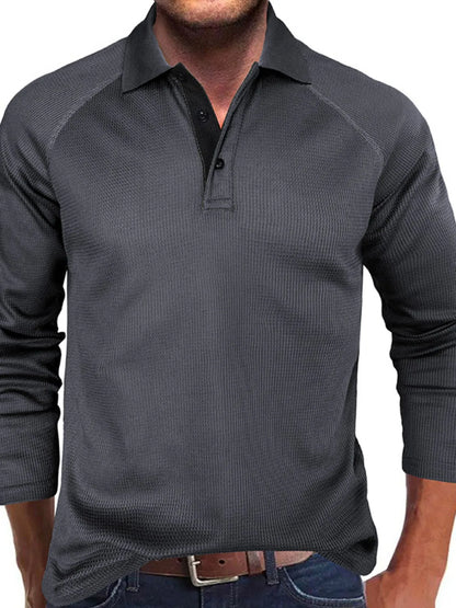 Men's Long Sleeve Textured Polo - Premium Men's Polo shirt from Trendsi - Just $40.99! Shop now at Handbags Specialist Headquarter