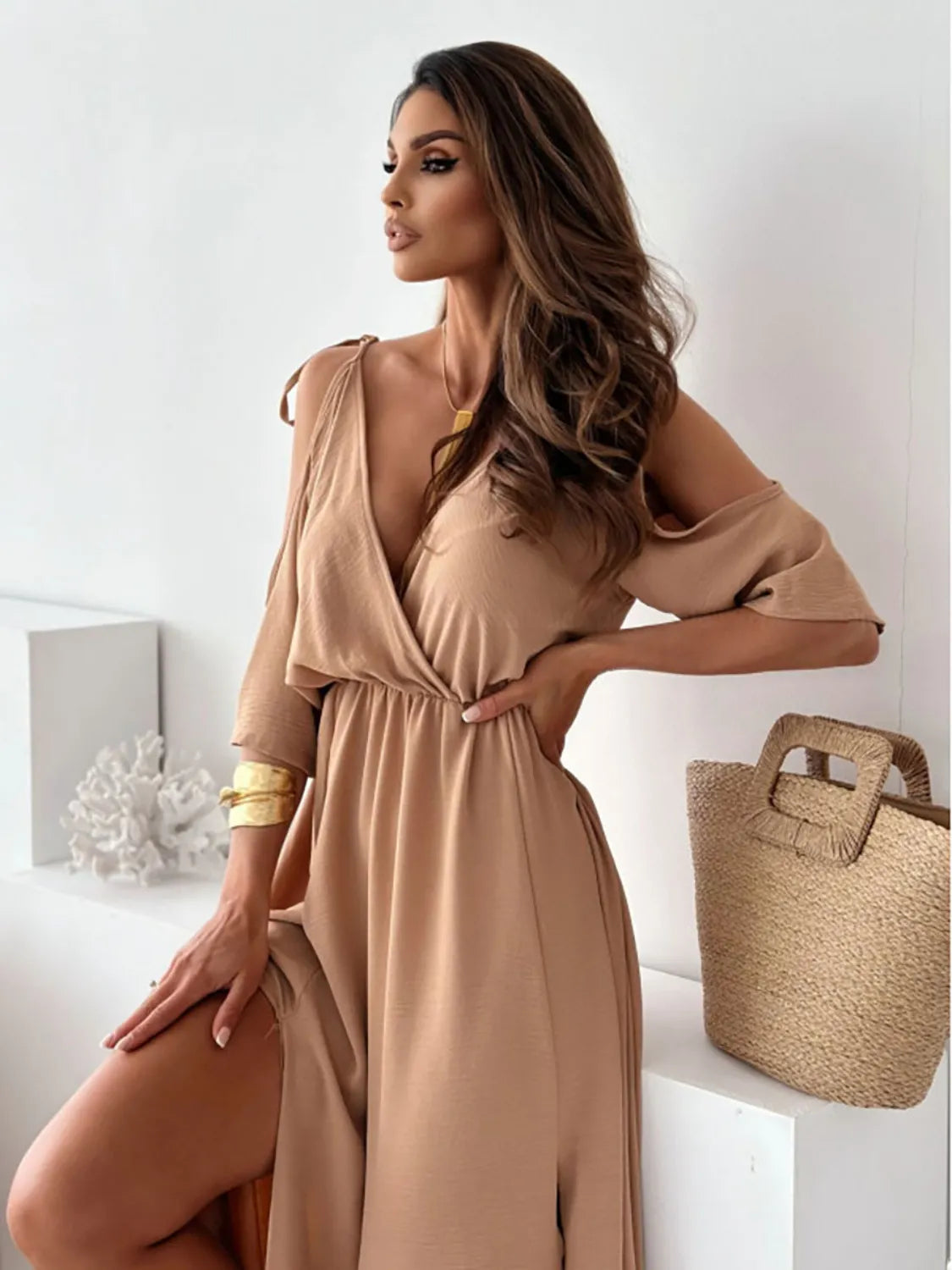 Tied Shoulder Slit Maxi Dress - Premium Maxi Dress from Trendsi - Just $34.99! Shop now at Handbags Specialist Headquarter