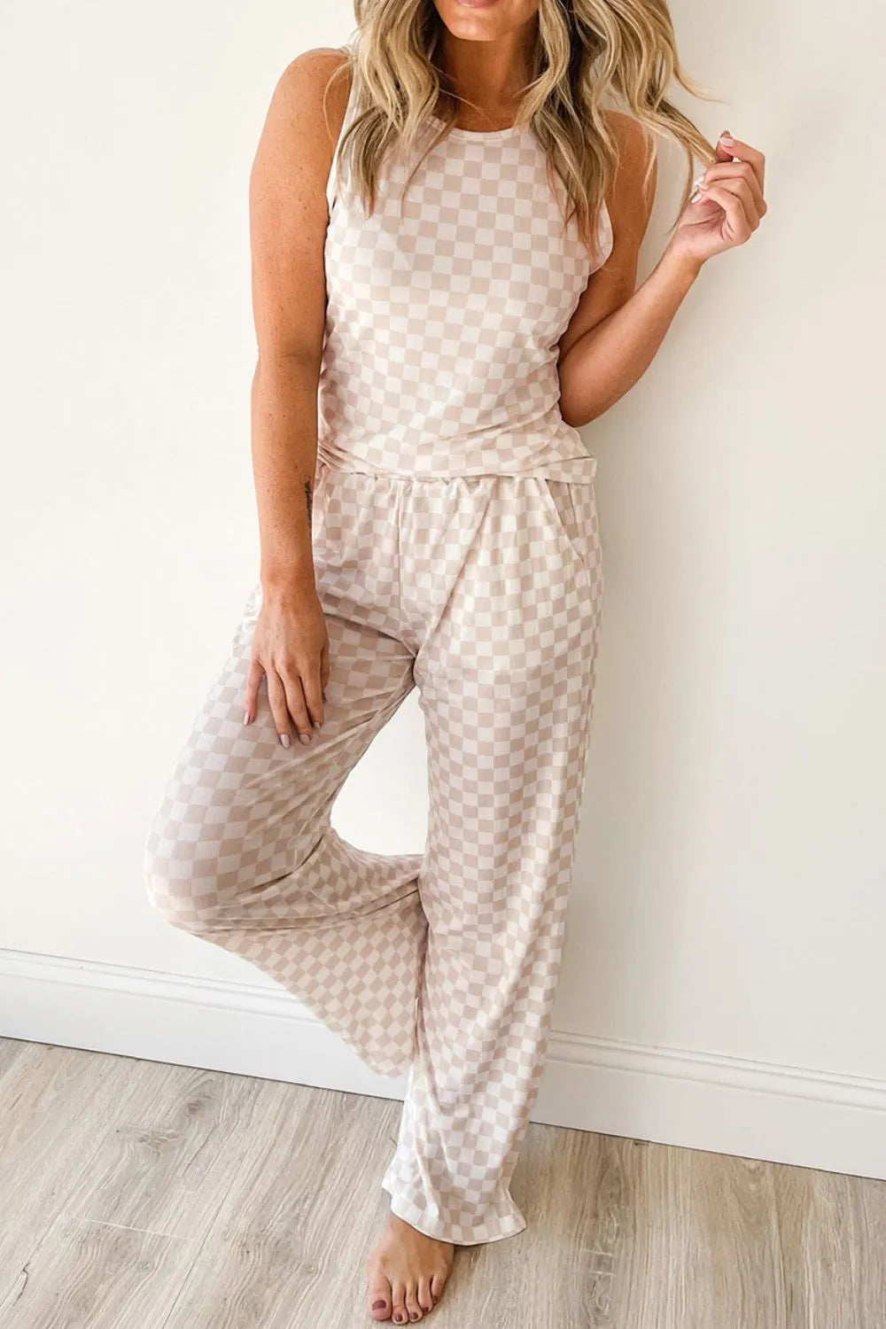 Ribbed Texture Checkered Print Tank and Pants Set - Premium Sleepwear from Trendsi - Just $39.99! Shop now at Handbags Specialist Headquarter