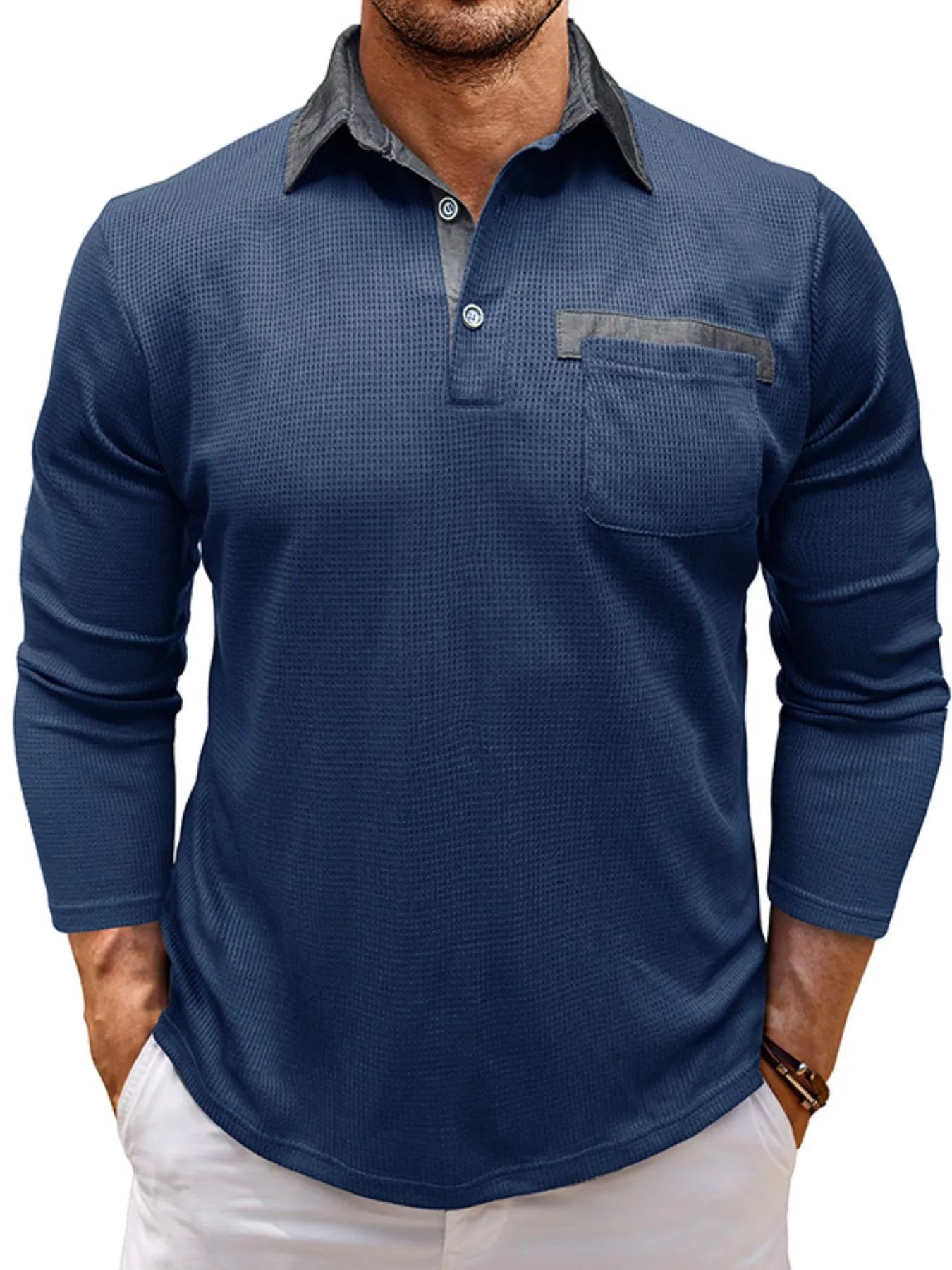 Men's Contrast Collar Long Sleeve Casual Polo Shirt - Premium Men's Polo shirt from Trendsi - Just $39.99! Shop now at Handbags Specialist Headquarter
