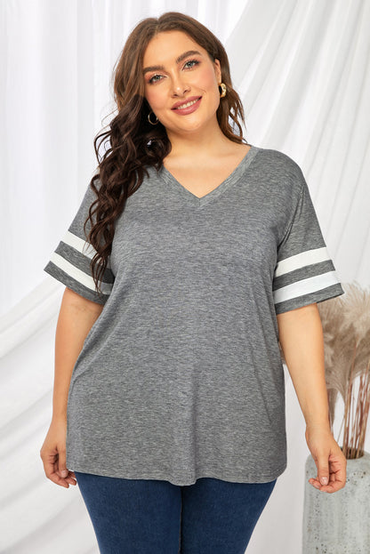 Plus Size Striped V-Neck Tee Shirt - Premium Plus Size Shirts from Trendsi - Just $26! Shop now at Handbags Specialist Headquarter