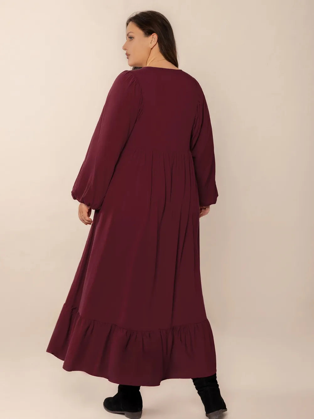 Plus Size Ruffled Hem V-Neck Balloon Sleeve Dress - Premium Dresses from Trendsi - Just $38.99! Shop now at Handbags Specialist Headquarter