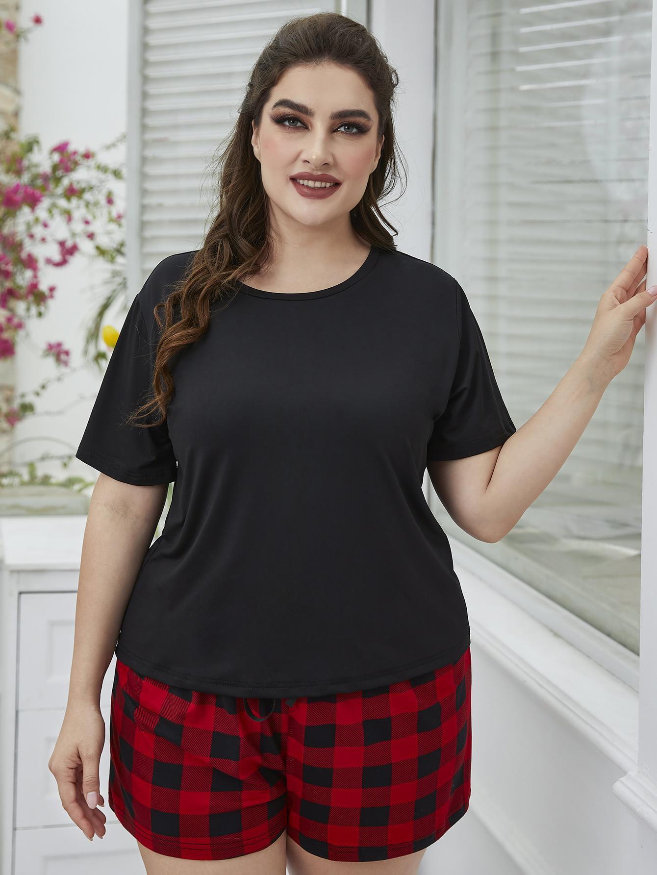 Plus Size Round Neck Tee Shirt and Plaid Shorts Lounge Set - Premium Plus Size Shirts from Trendsi - Just $28! Shop now at Handbags Specialist Headquarter