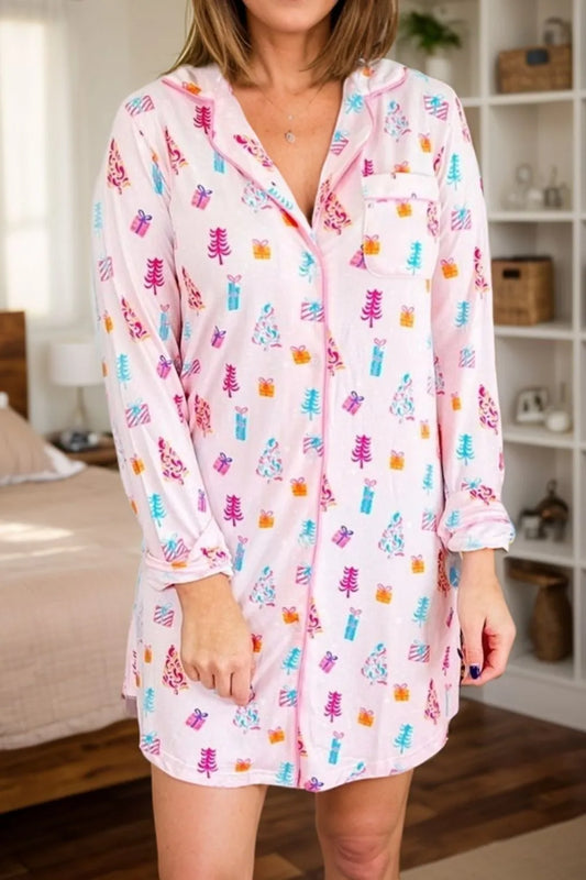 Printed Collared Neck Long Sleeve Lounge Dress - Premium Sleepwear from Trendsi - Just $35.48! Shop now at Handbags Specialist Headquarter