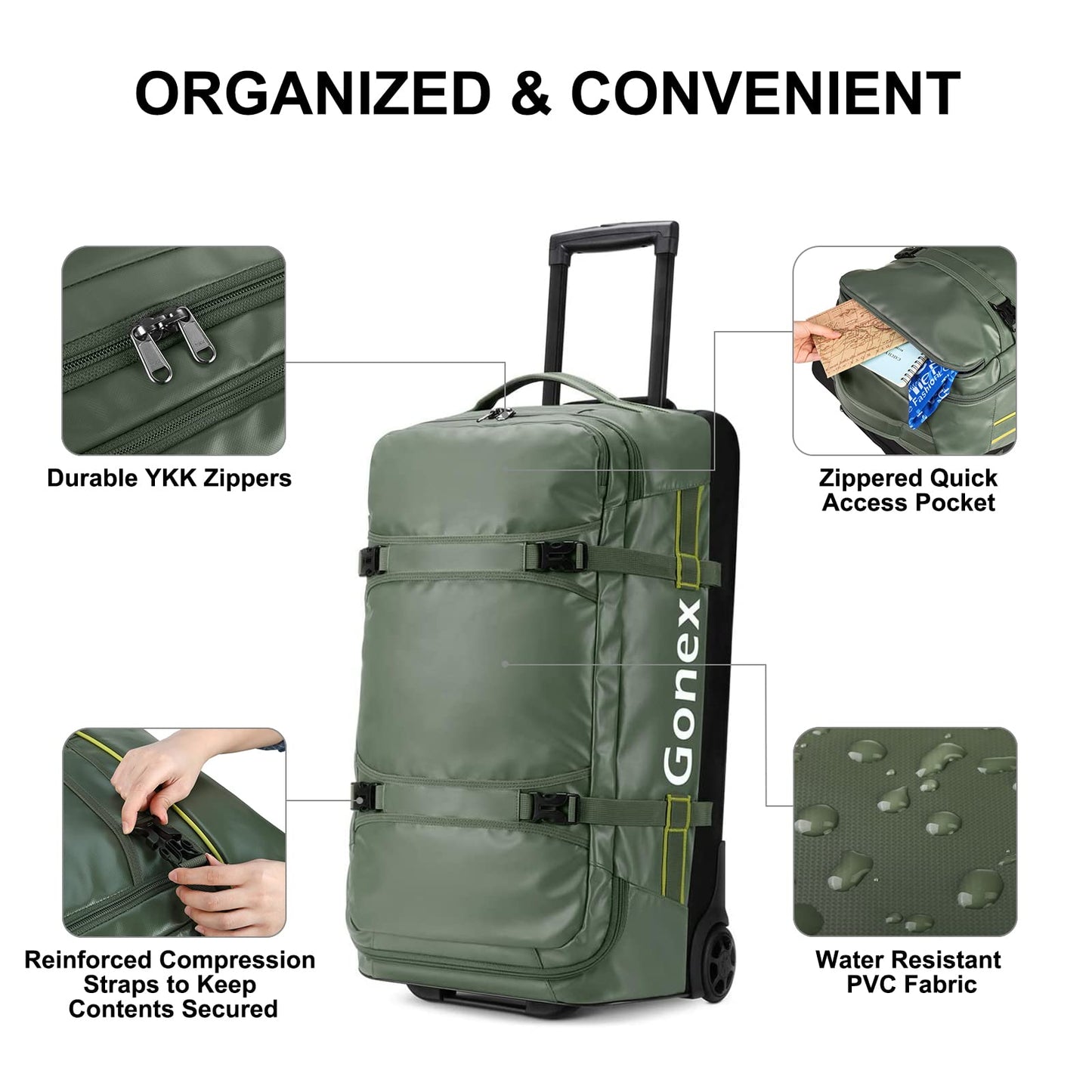 Gonex 70L Wheeled Duffle - Olive Green Travel Bag