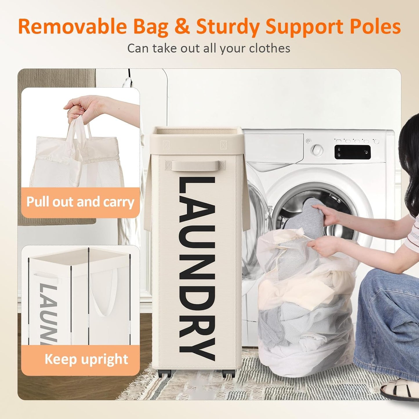 RollAway 90L Laundry Basket with Removable Bag