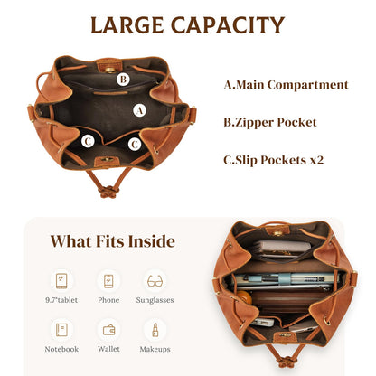 S-ZONE Luxe Leather Drawstring Bucket Bag