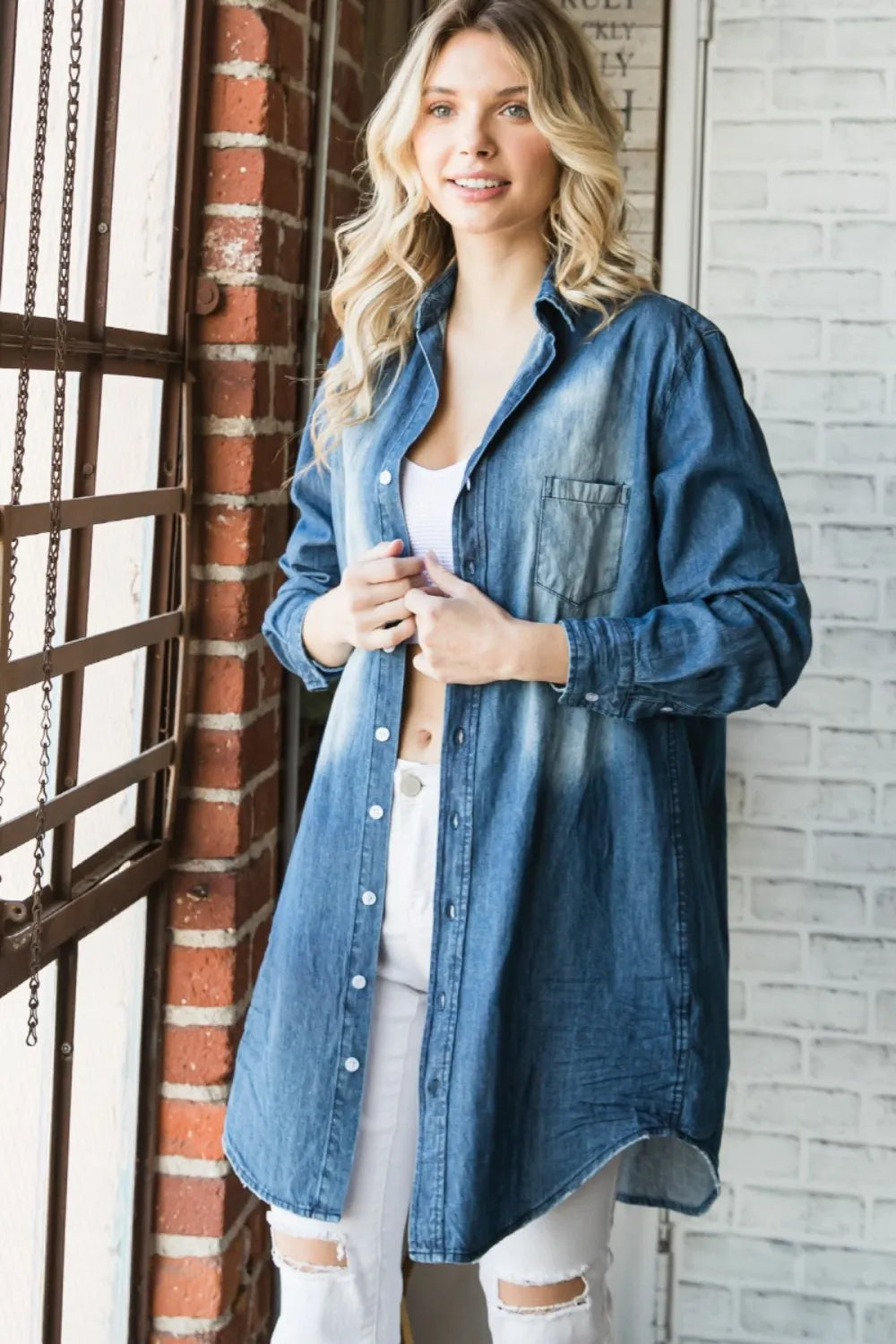 Veveret Pocketed Button Up Washed Denim Shirt - Premium Women / Jeans & Denim from Trendsi - Just $60.40! Shop now at Handbags Specialist Headquarter